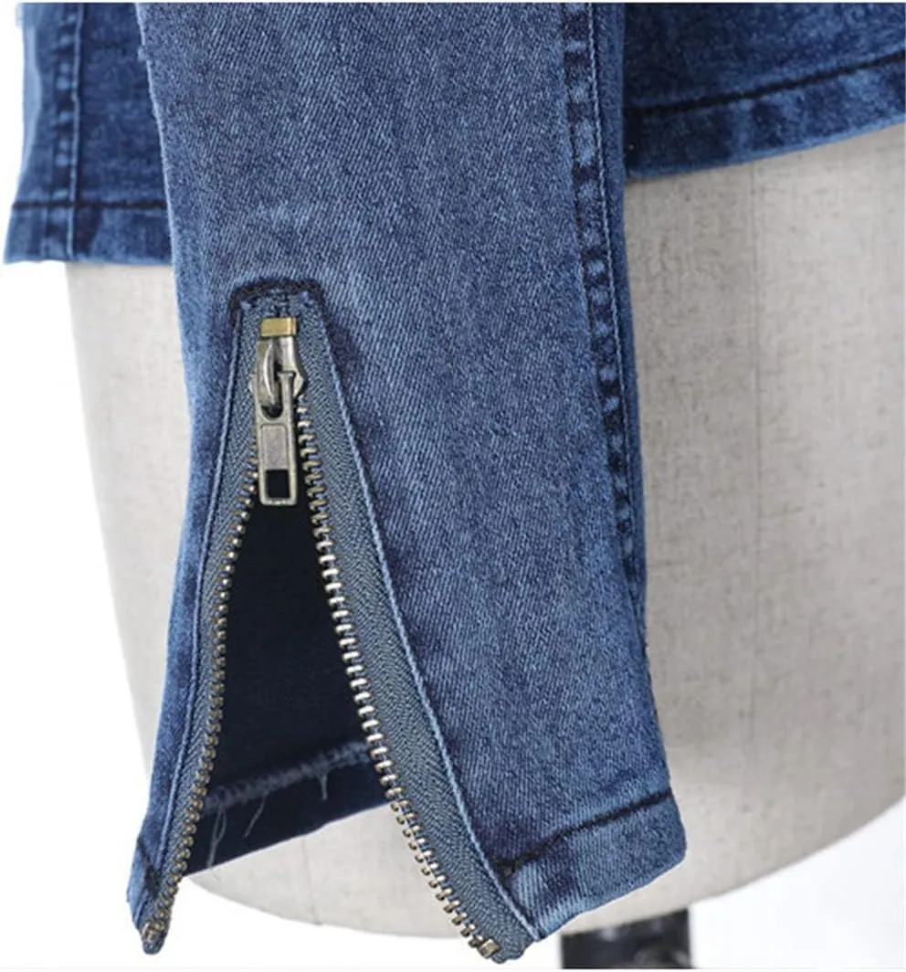 Women Wash Diamond-Studded Beading Stretchy Round Collar Denim Coat Rhinestone Cardigan Jean Jacket