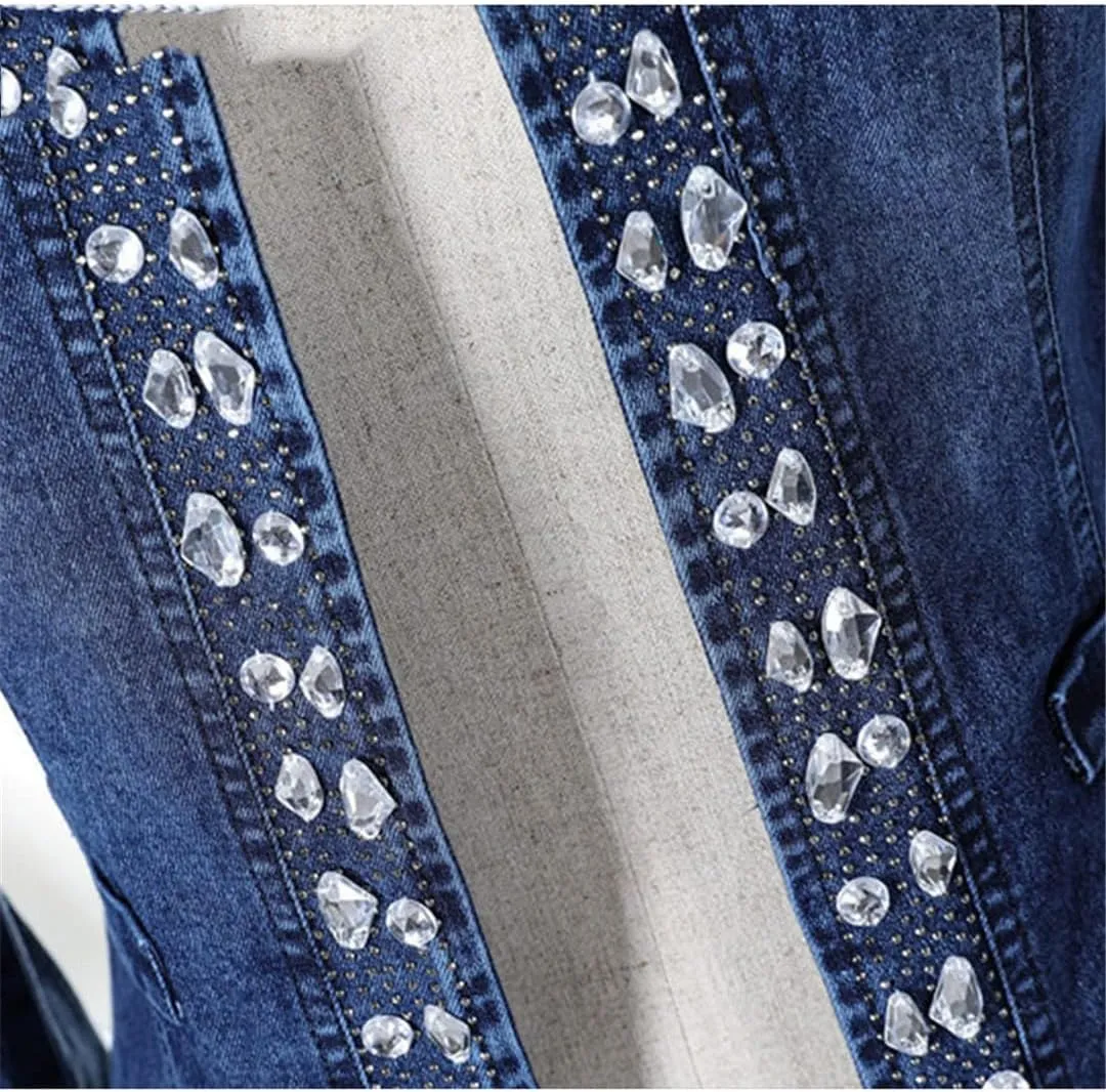 Women Wash Diamond-Studded Beading Stretchy Round Collar Denim Coat Rhinestone Cardigan Jean Jacket