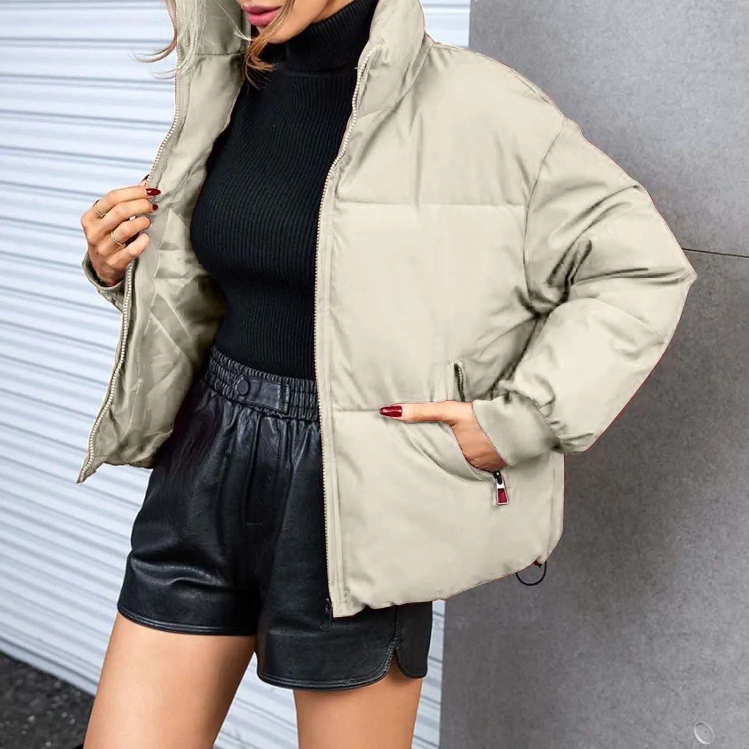 Women Winter Puffer Jacket Stand Collar Zip Up Quilted Outwear Baggy Packable Short Down Coats