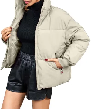 Women Winter Puffer Jacket Stand Collar Zip Up Quilted Outwear Baggy Packable Short Down Coats