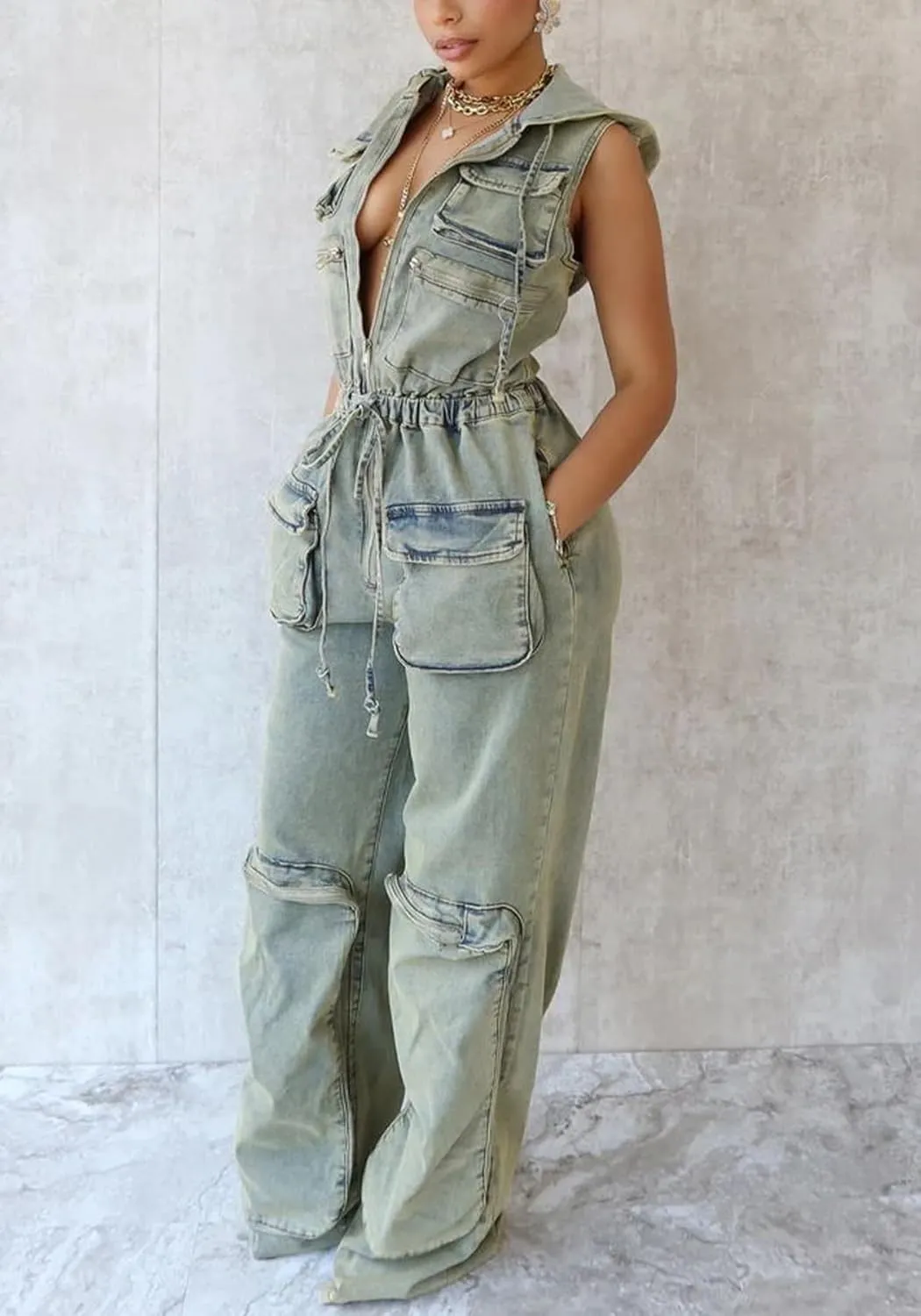 Women's 2024 Cargo Denim Jumpsuit Sleeveless Casual Stretch Y2K Zipper Hooded Loose Jean Rompers with Pockets