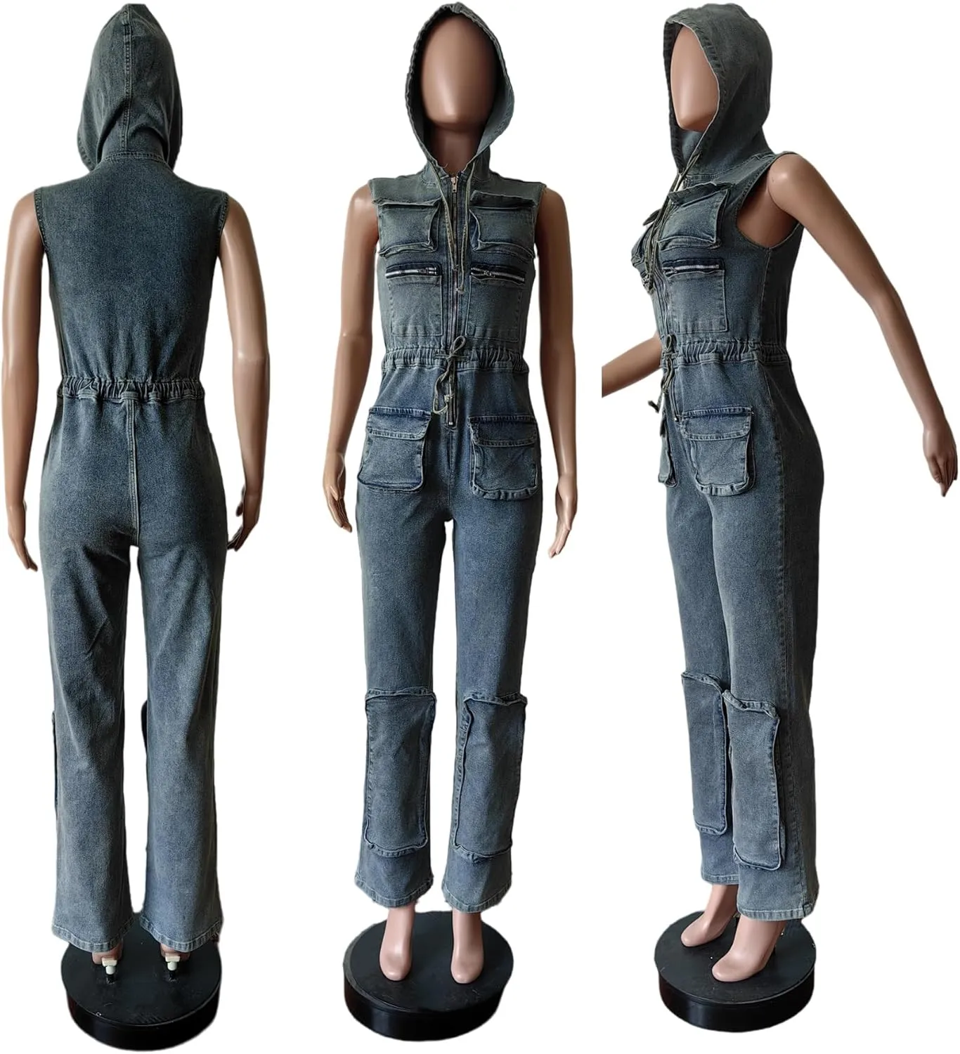 Women's 2024 Cargo Denim Jumpsuit Sleeveless Casual Stretch Y2K Zipper Hooded Loose Jean Rompers with Pockets