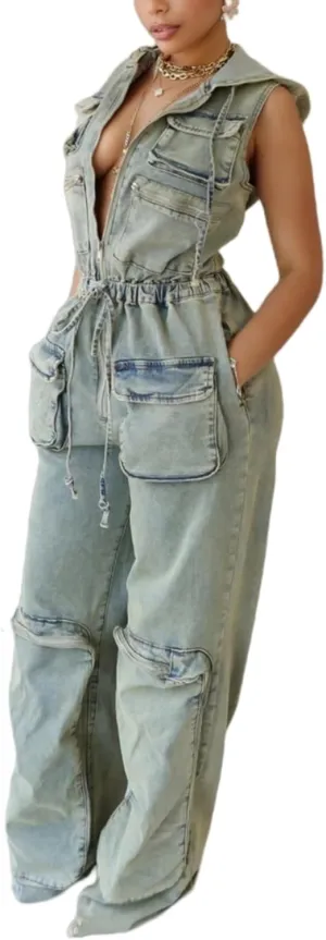 Women's 2024 Cargo Denim Jumpsuit Sleeveless Casual Stretch Y2K Zipper Hooded Loose Jean Rompers with Pockets