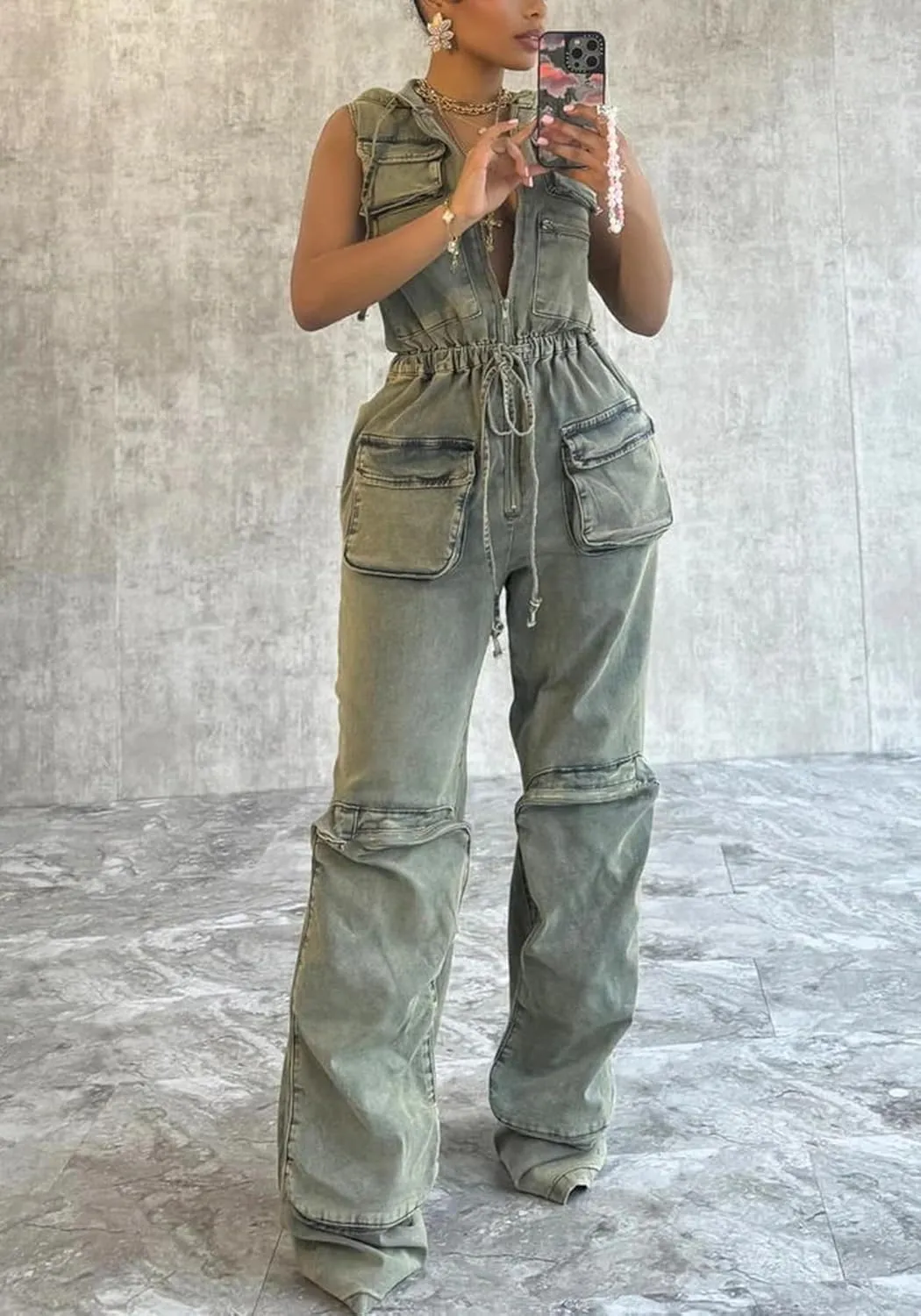 Women's 2024 Cargo Denim Jumpsuit Sleeveless Casual Stretch Y2K Zipper Hooded Loose Jean Rompers with Pockets