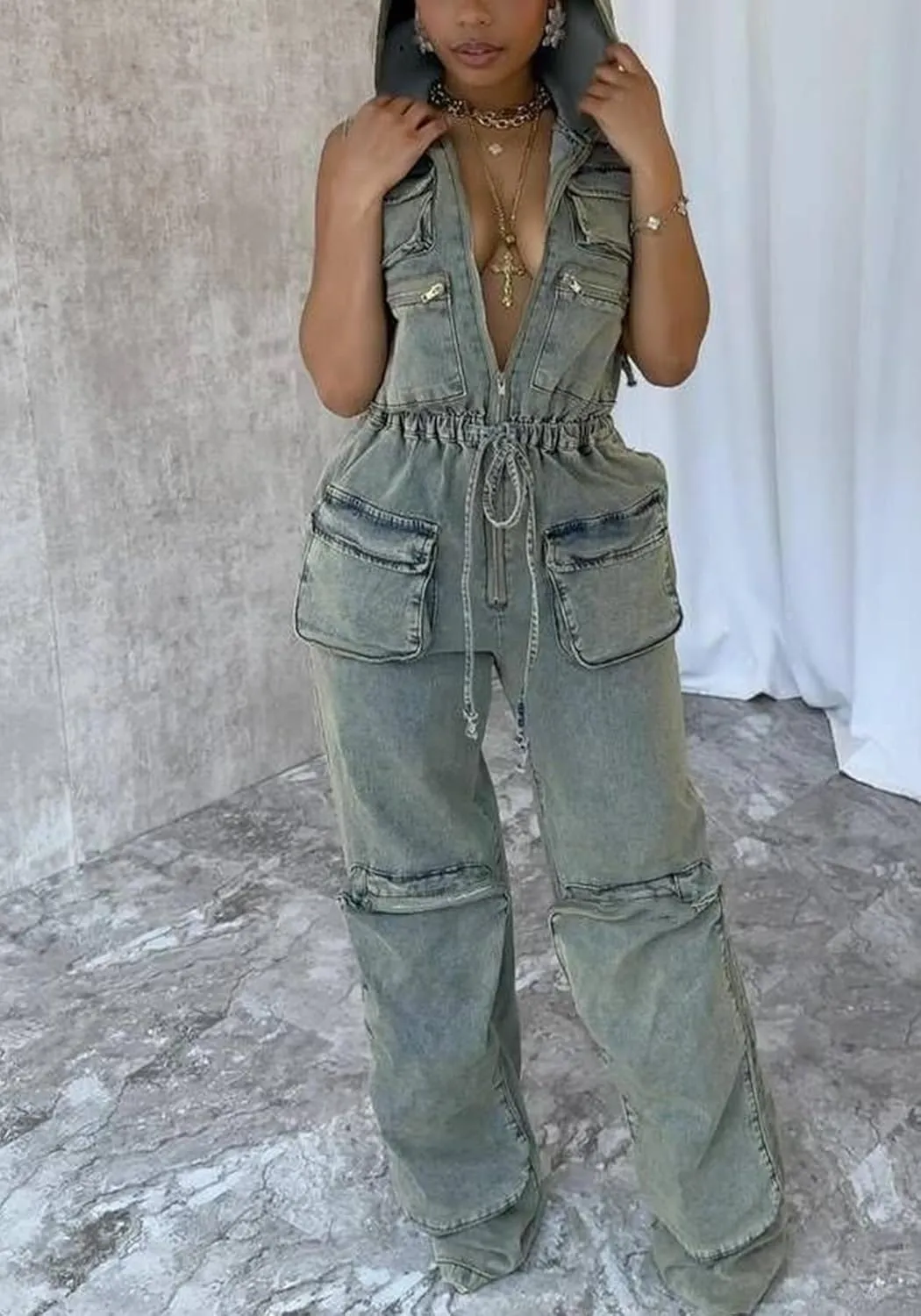 Women's 2024 Cargo Denim Jumpsuit Sleeveless Casual Stretch Y2K Zipper Hooded Loose Jean Rompers with Pockets