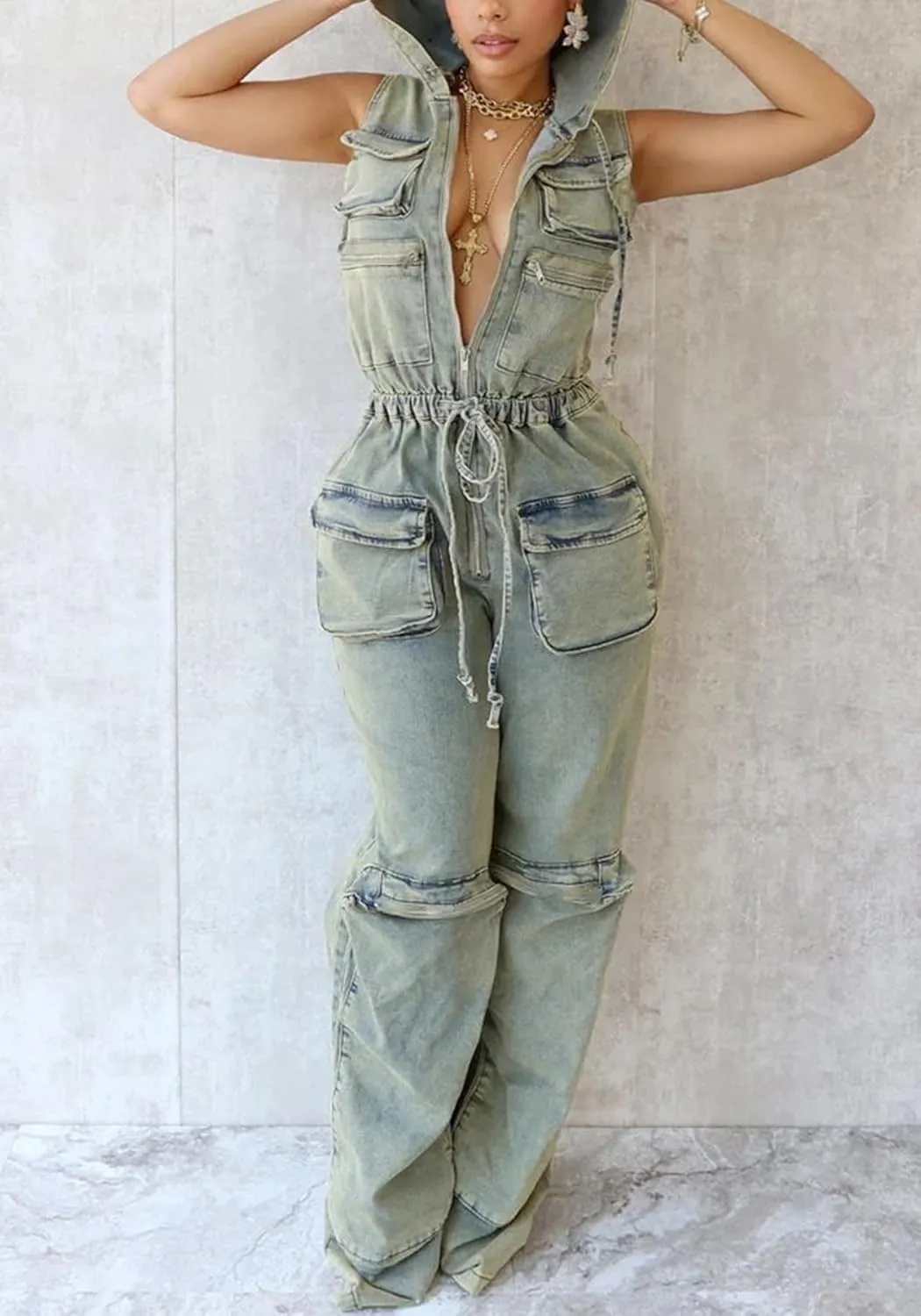 Women's 2024 Cargo Denim Jumpsuit Sleeveless Casual Stretch Y2K Zipper Hooded Loose Jean Rompers with Pockets