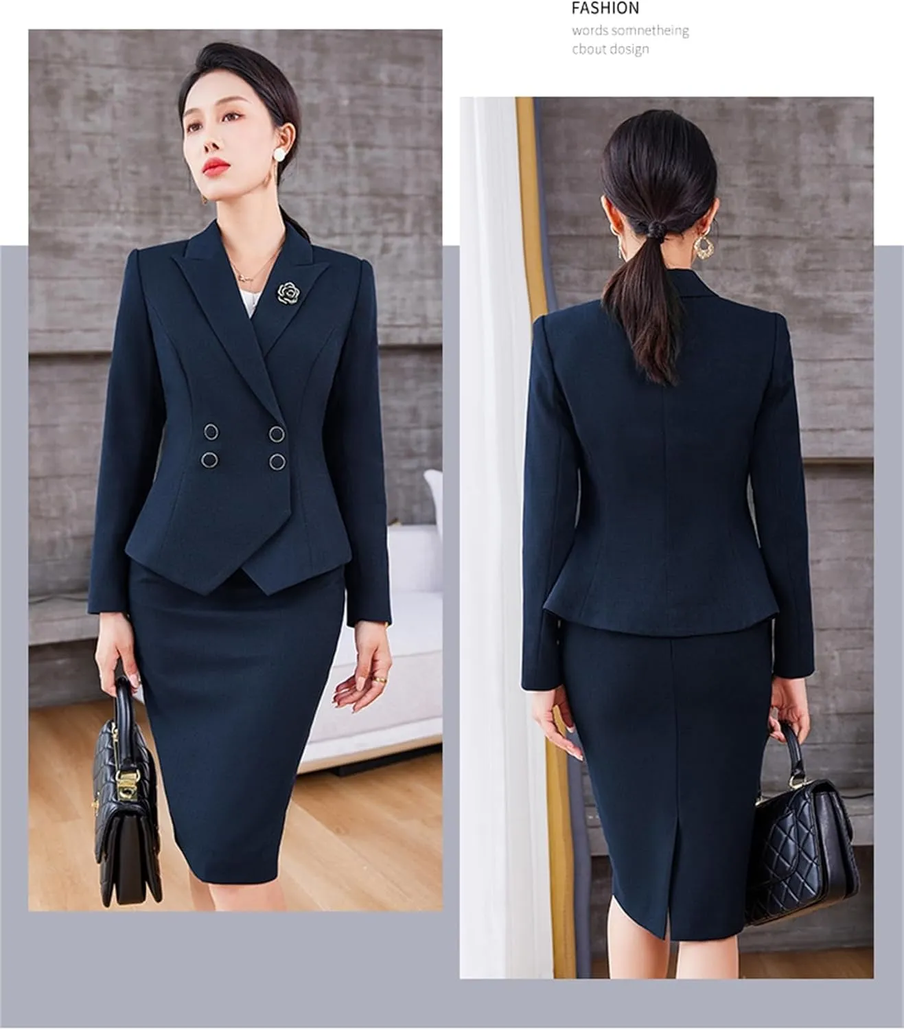 Women's Business Suit 2 Piece Long Sleeve Skirt Suit Set Lady Blazer Solid Slim Fit Jacket Skirt Outfit Set