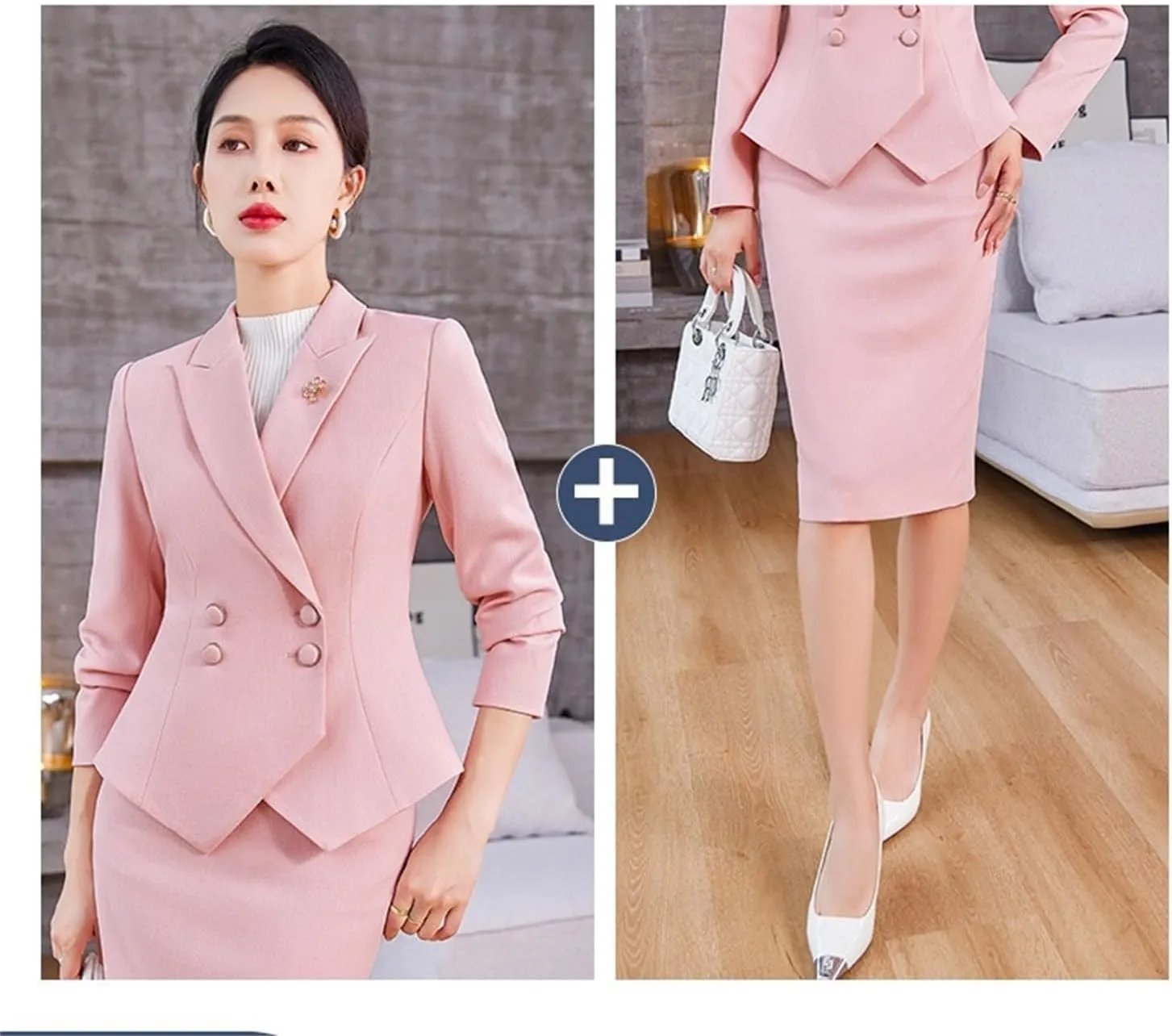 Women's Business Suit 2 Piece Long Sleeve Skirt Suit Set Lady Blazer Solid Slim Fit Jacket Skirt Outfit Set