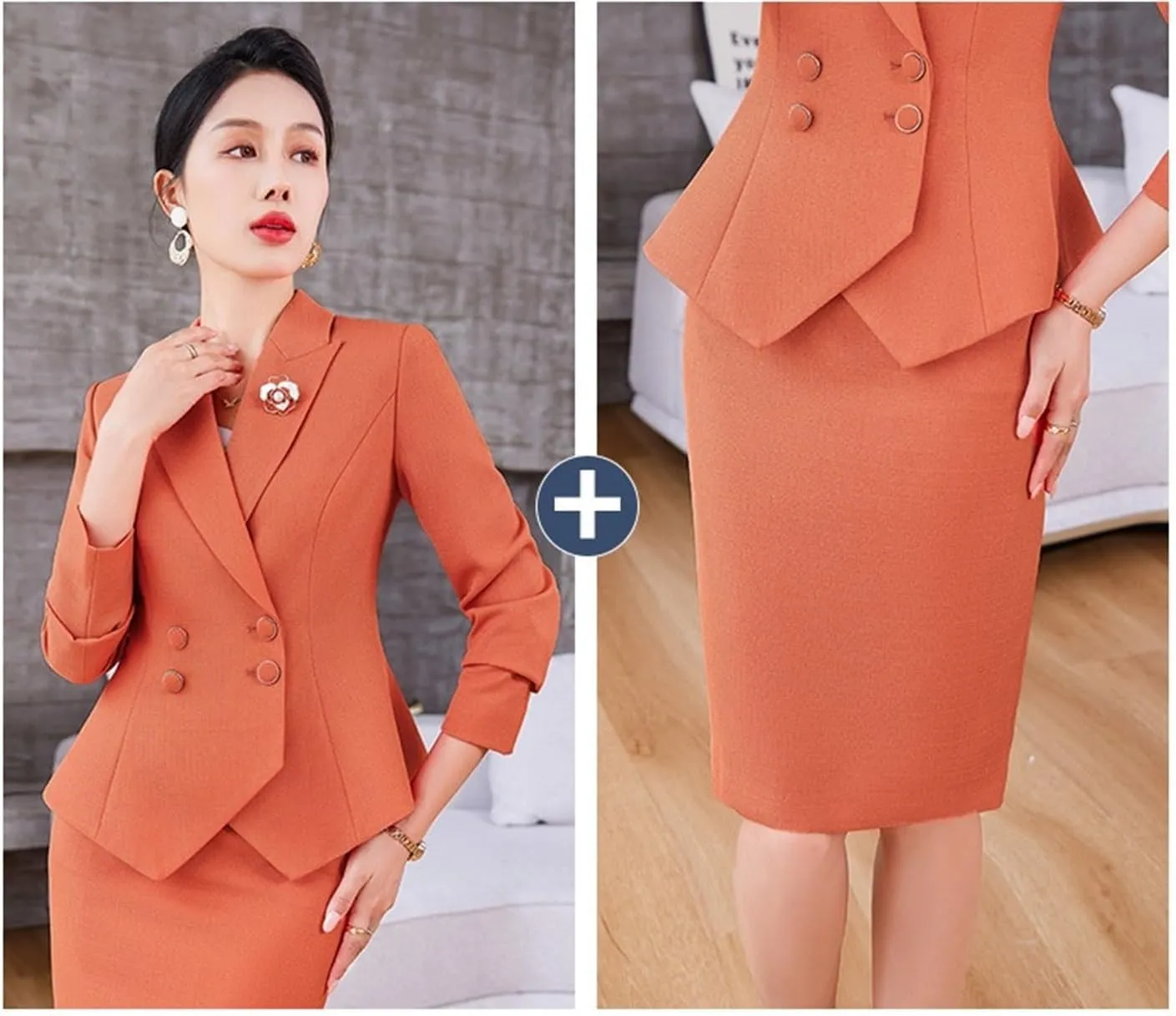 Women's Business Suit 2 Piece Long Sleeve Skirt Suit Set Lady Blazer Solid Slim Fit Jacket Skirt Outfit Set