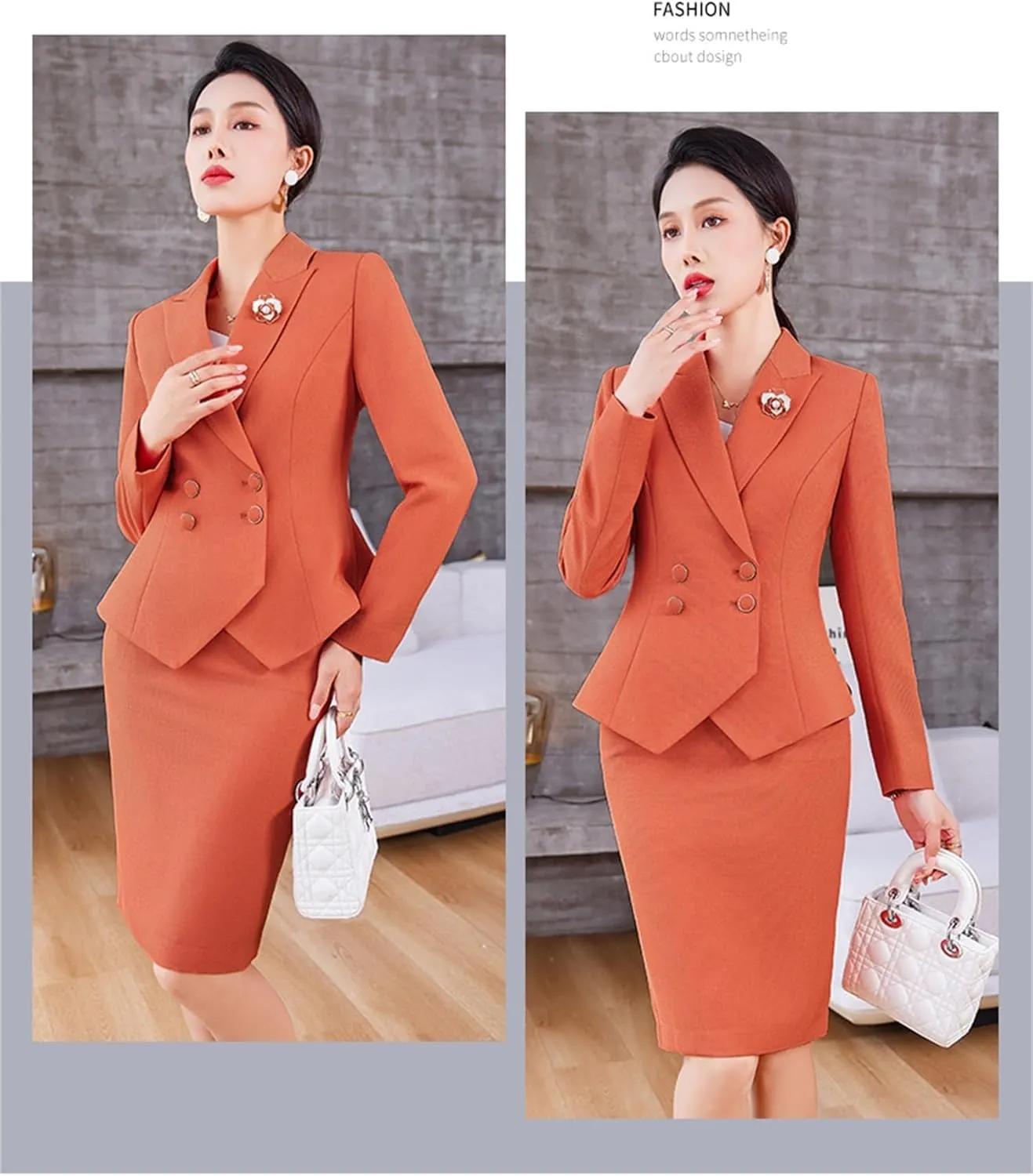 Women's Business Suit 2 Piece Long Sleeve Skirt Suit Set Lady Blazer Solid Slim Fit Jacket Skirt Outfit Set