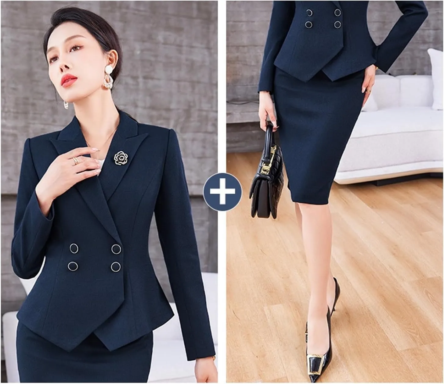 Women's Business Suit 2 Piece Long Sleeve Skirt Suit Set Lady Blazer Solid Slim Fit Jacket Skirt Outfit Set