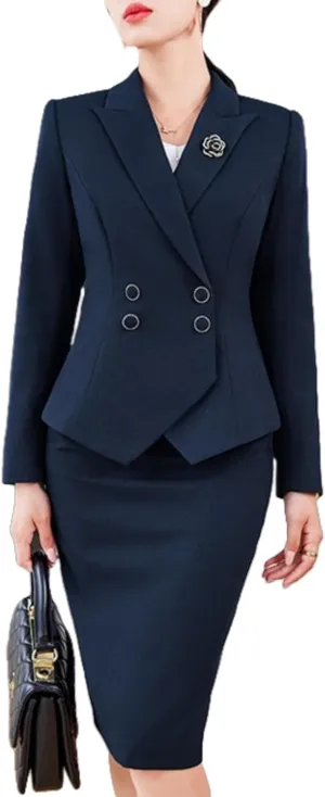 Women's Business Suit 2 Piece Long Sleeve Skirt Suit Set Lady Blazer Solid Slim Fit Jacket Skirt Outfit Set