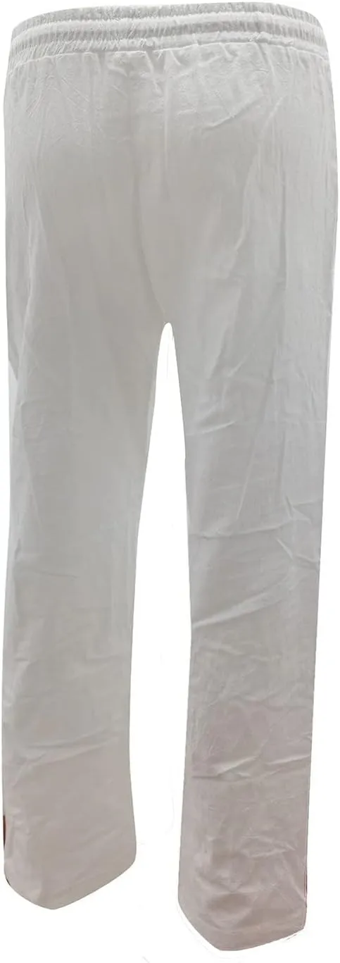 Womens Casual Linen High Waist Pants, Straight Leg Drawstring Loose Summer Holiday Solid Color Elastic Trousers Pockets