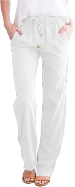 Womens Casual Linen High Waist Pants, Straight Leg Drawstring Loose Summer Holiday Solid Color Elastic Trousers Pockets