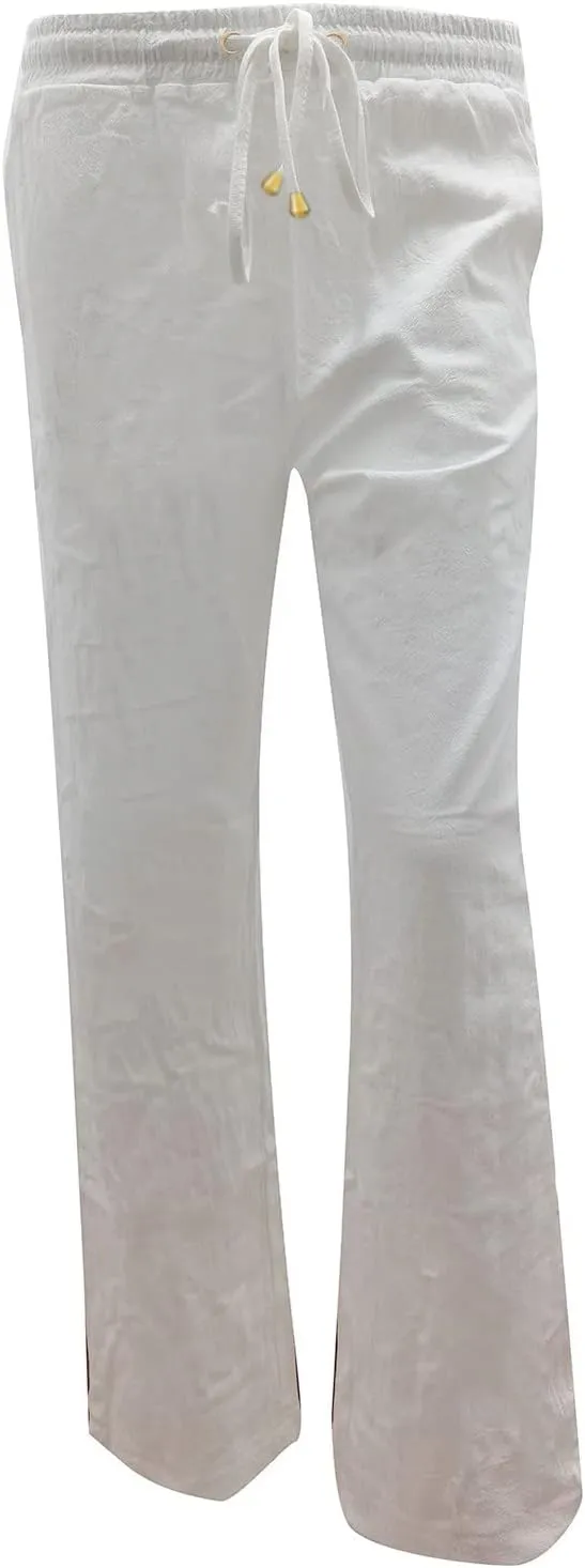 Womens Casual Linen High Waist Pants, Straight Leg Drawstring Loose Summer Holiday Solid Color Elastic Trousers Pockets