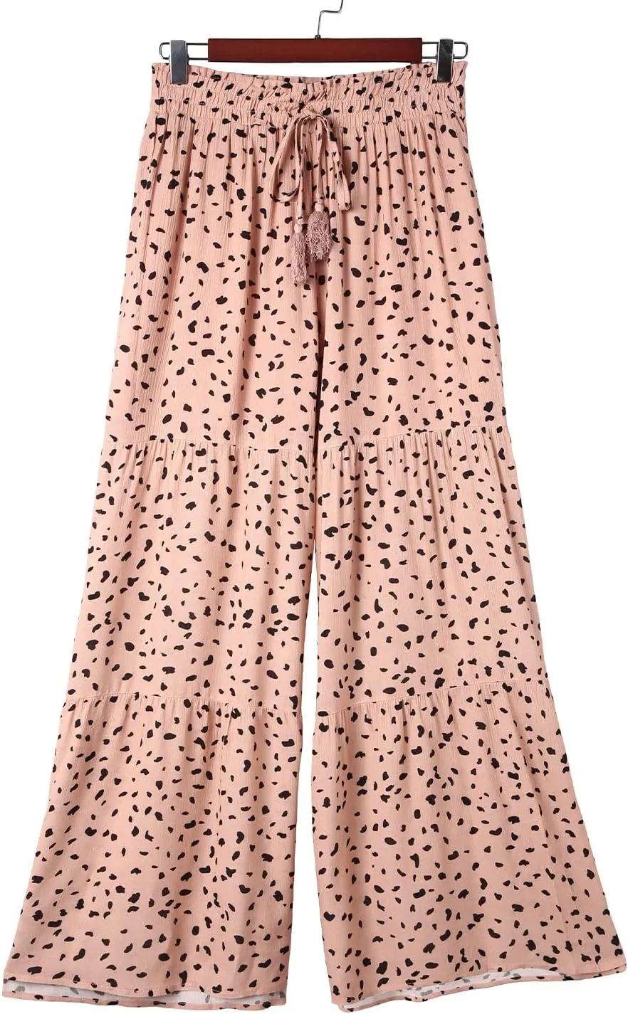 Women's Casual Printed High Waist Ruffle Wide Leg String Jogging Trousers Spring Summer Elastic Jogger Pants with Belt