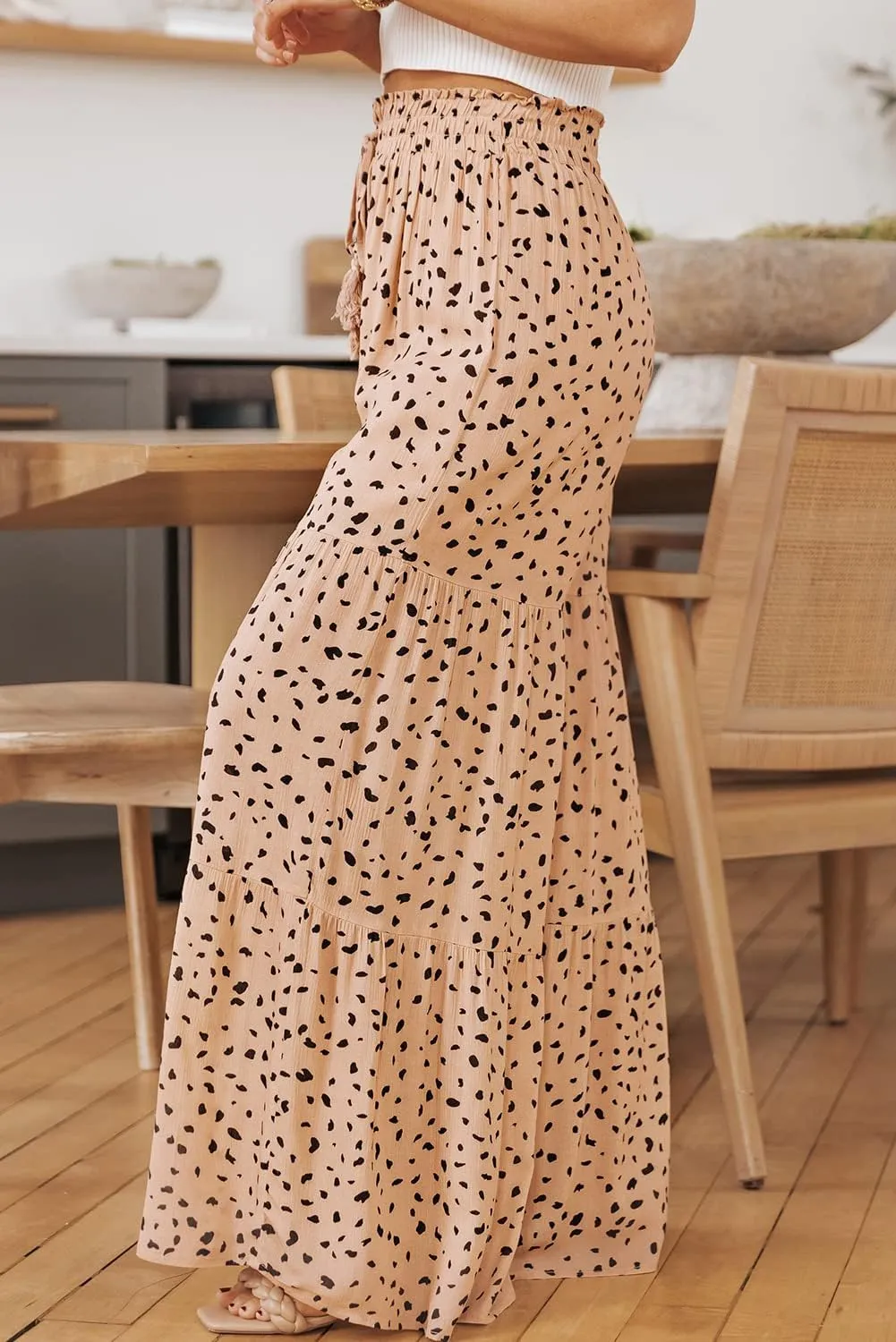 Women's Casual Printed High Waist Ruffle Wide Leg String Jogging Trousers Spring Summer Elastic Jogger Pants with Belt