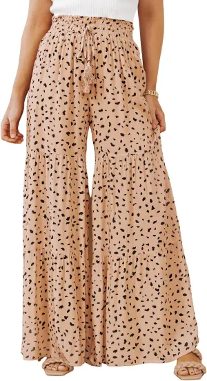 Women's Casual Printed High Waist Ruffle Wide Leg String Jogging Trousers Spring Summer Elastic Jogger Pants with Belt
