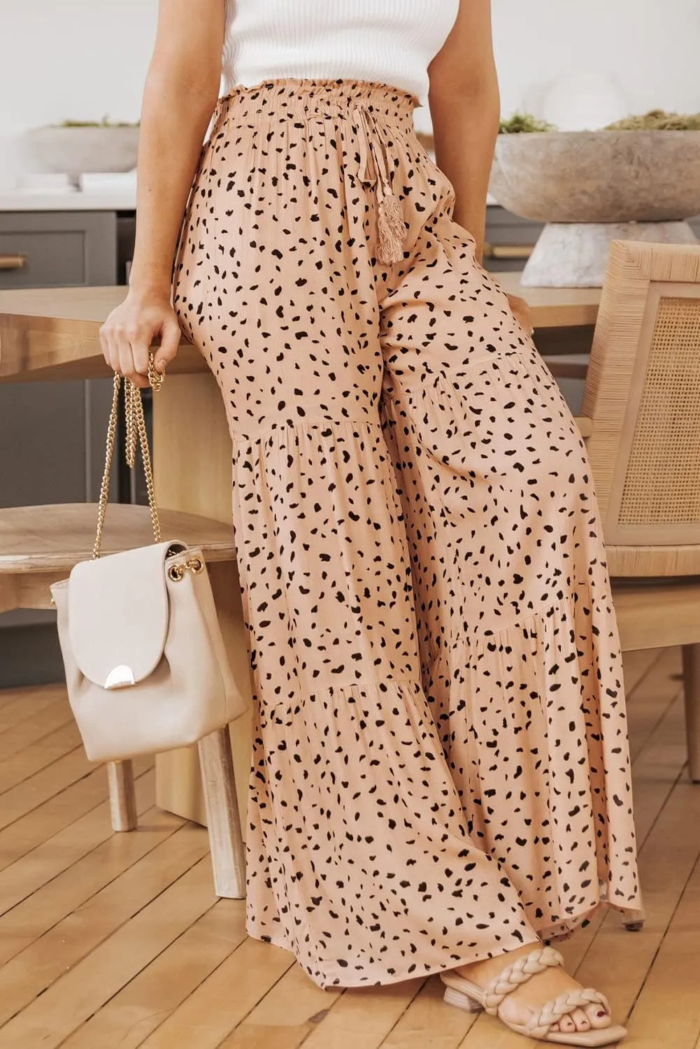 Women's Casual Printed High Waist Ruffle Wide Leg String Jogging Trousers Spring Summer Elastic Jogger Pants with Belt