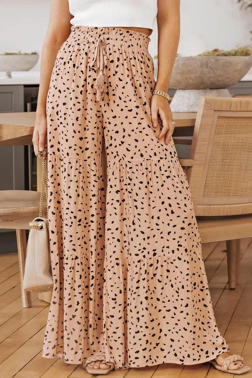 Women's Casual Printed High Waist Ruffle Wide Leg String Jogging Trousers Spring Summer Elastic Jogger Pants with Belt