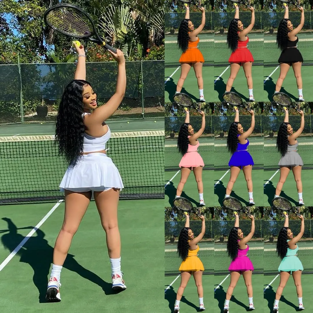 Womens Casual Sports 2 Piece Outfits Skirt Sets Athletic Tank Crop Top Mini Pleated Tennis Golf Skorts Skirts Activewear