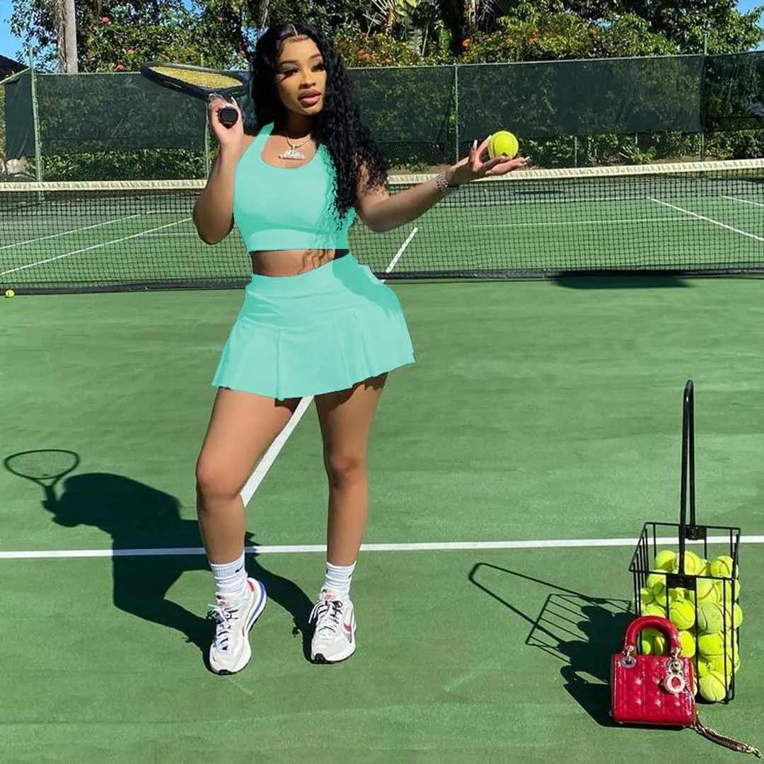 Womens Casual Sports 2 Piece Outfits Skirt Sets Athletic Tank Crop Top Mini Pleated Tennis Golf Skorts Skirts Activewear