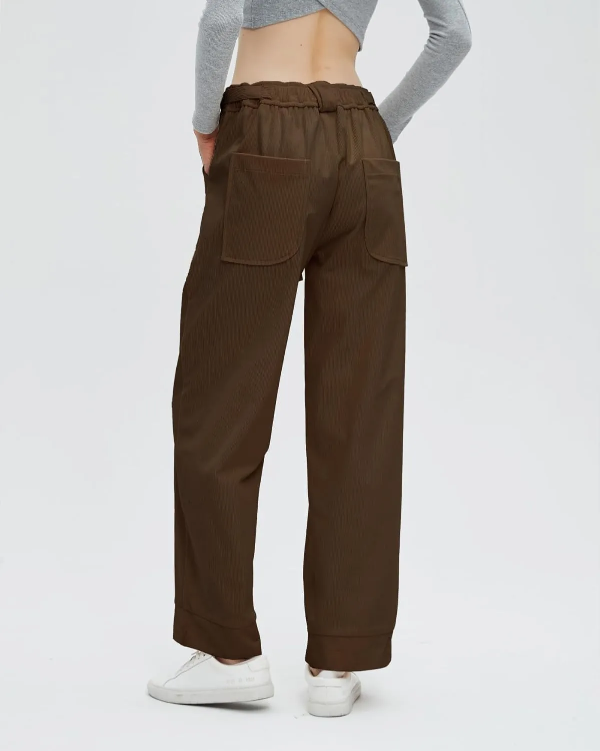 Women's Corduroy Pants Straight Leg Elastic High Waist Belt Cord Pants Trousers with Pockets