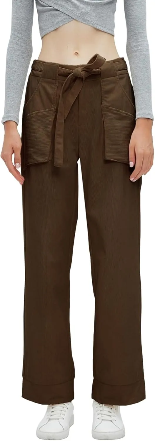 Women's Corduroy Pants Straight Leg Elastic High Waist Belt Cord Pants Trousers with Pockets