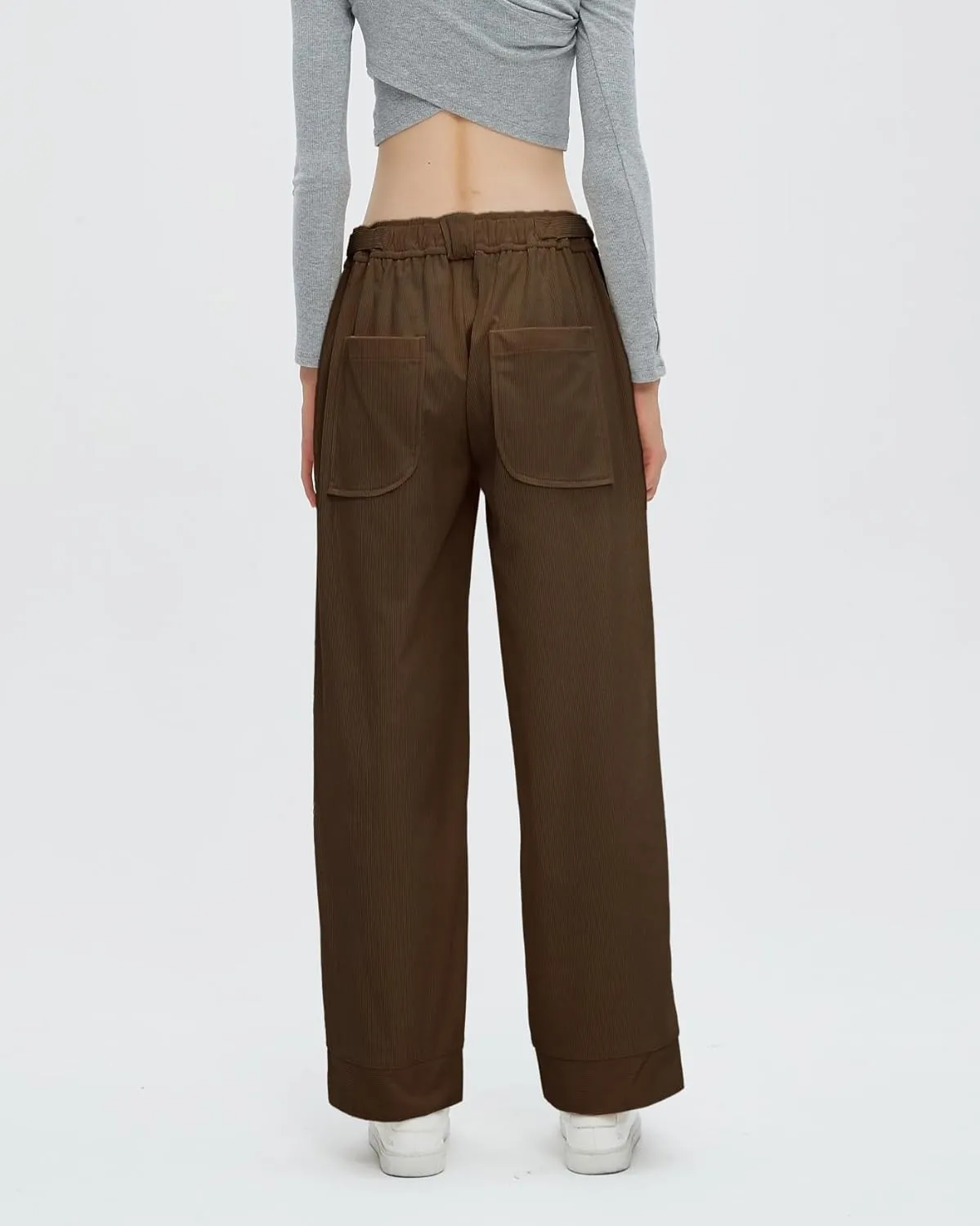Women's Corduroy Pants Straight Leg Elastic High Waist Belt Cord Pants Trousers with Pockets