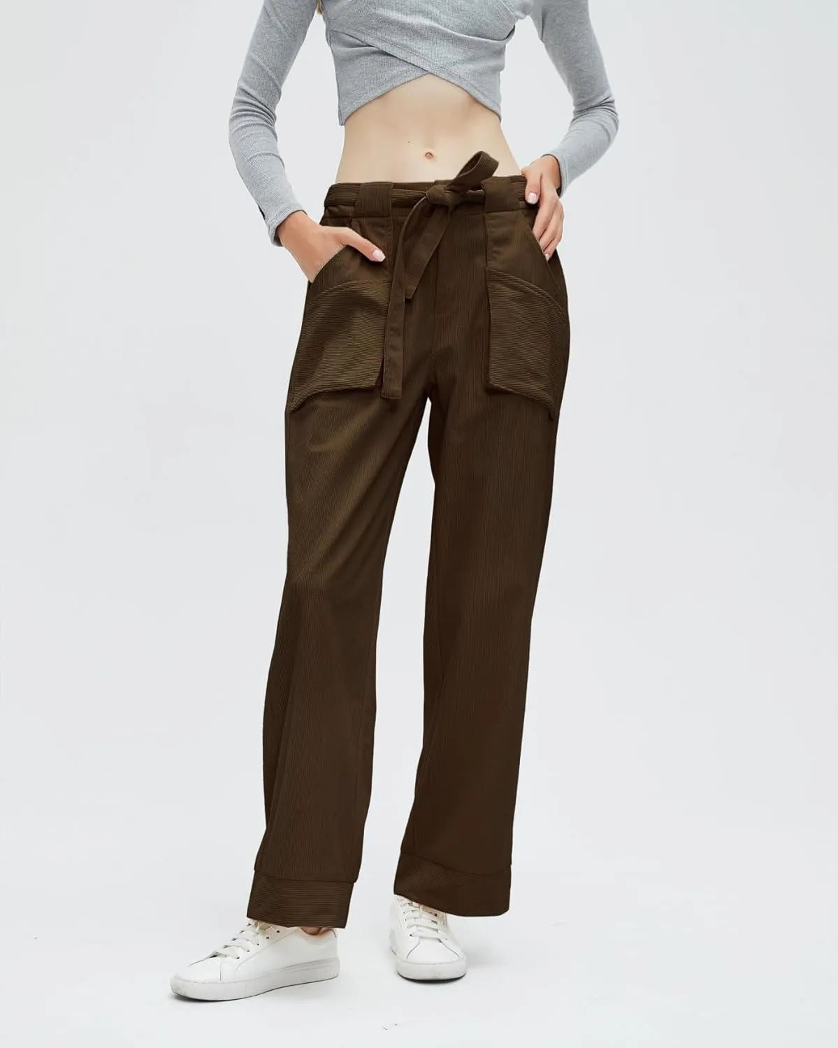 Women's Corduroy Pants Straight Leg Elastic High Waist Belt Cord Pants Trousers with Pockets