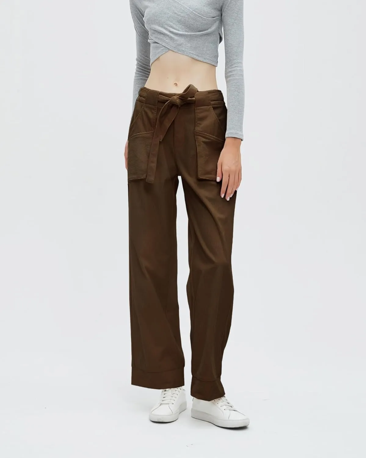 Women's Corduroy Pants Straight Leg Elastic High Waist Belt Cord Pants Trousers with Pockets