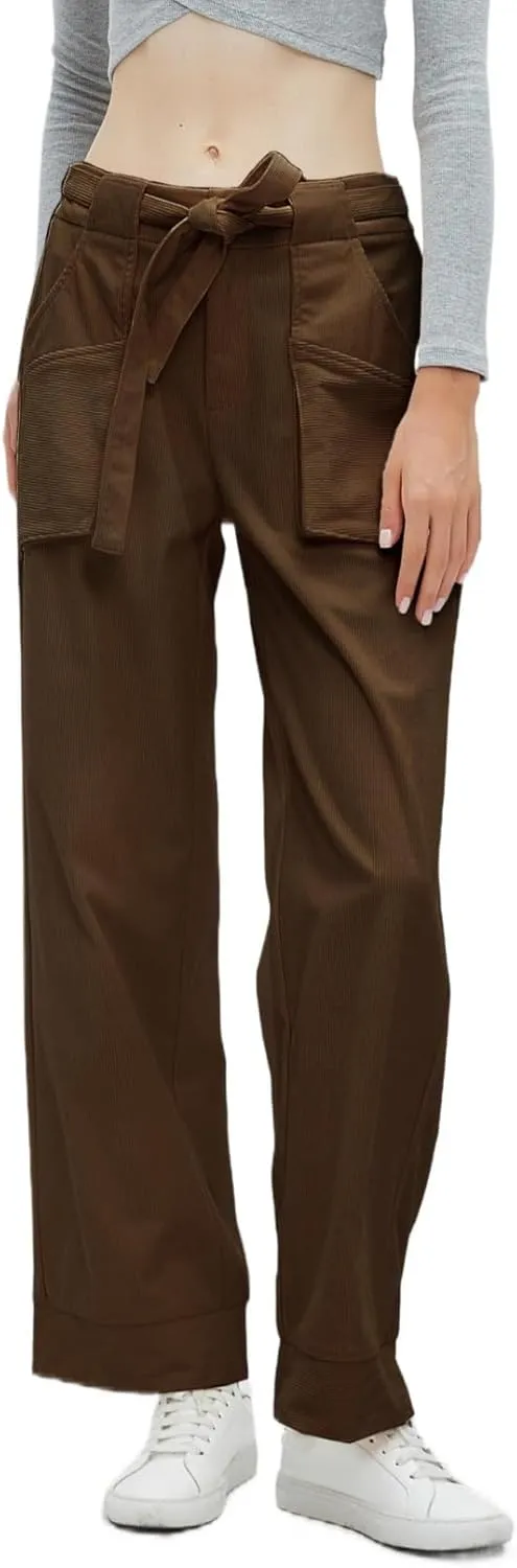 Women's Corduroy Pants Straight Leg Elastic High Waist Belt Cord Pants Trousers with Pockets