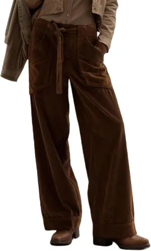 Women's Corduroy Pants Straight Leg Elastic High Waist Belt Cord Pants Trousers with Pockets