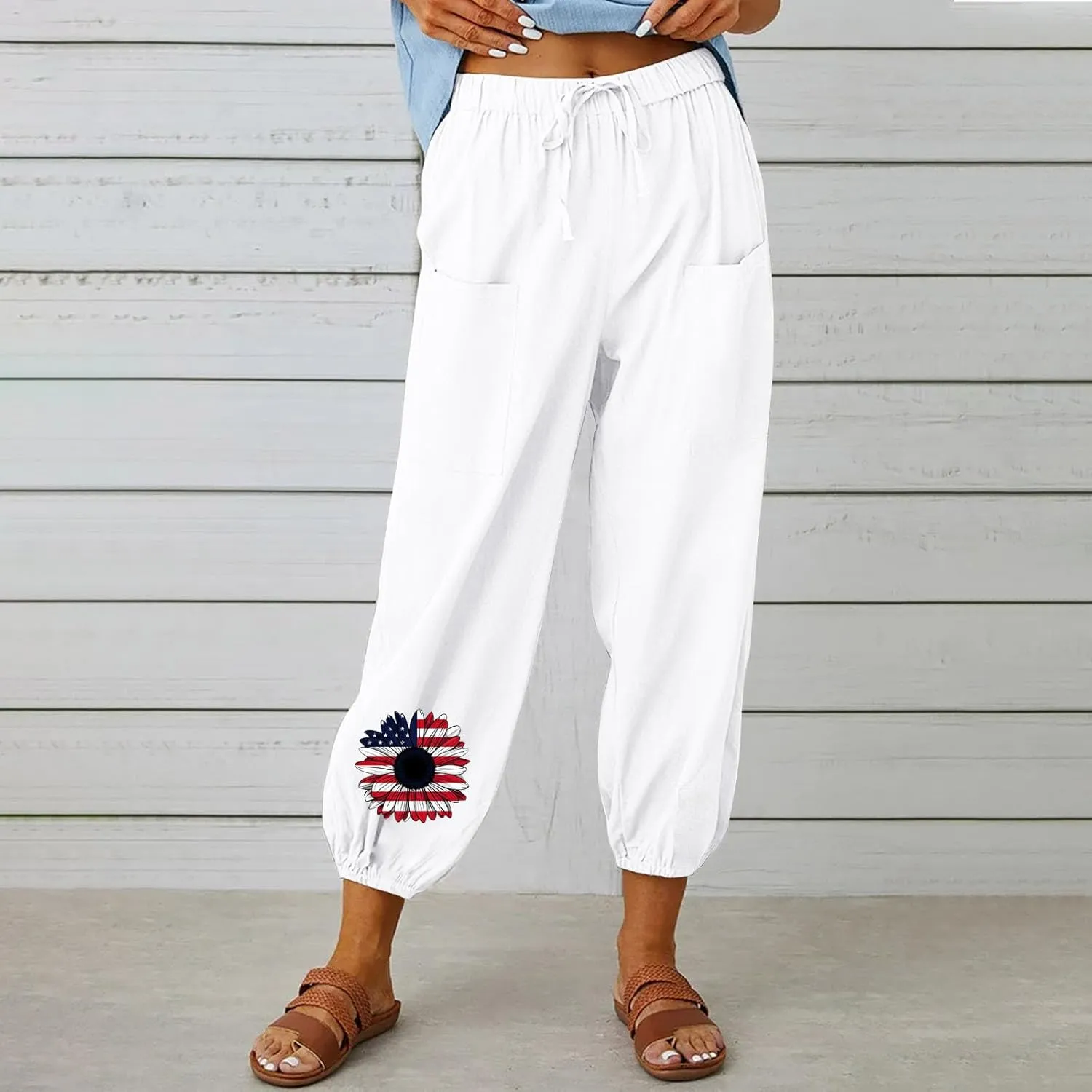 Women's Fashion Casual Linen Pants - Independence Day Print High Waist Drawstring Tapered Ankle Trousers with Pockets