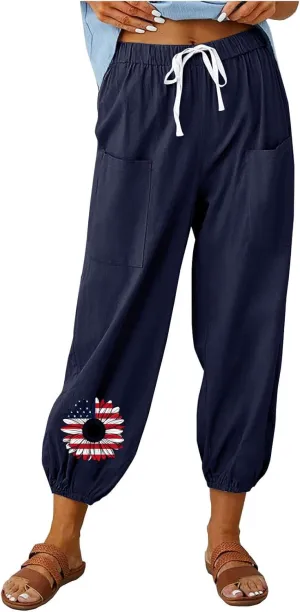 Women's Fashion Casual Linen Pants - Independence Day Print High Waist Drawstring Tapered Ankle Trousers with Pockets