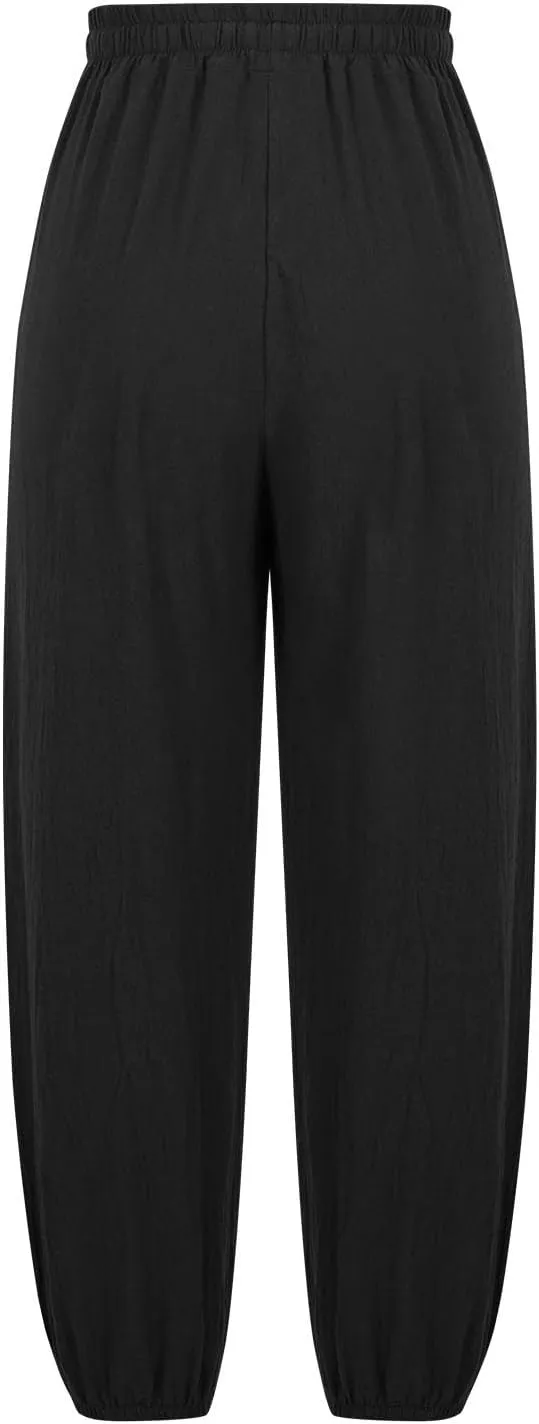 Women's Fashion Casual Linen Pants - Independence Day Print High Waist Drawstring Tapered Ankle Trousers with Pockets