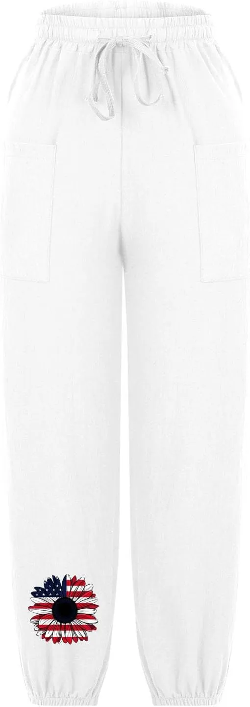 Women's Fashion Casual Linen Pants - Independence Day Print High Waist Drawstring Tapered Ankle Trousers with Pockets