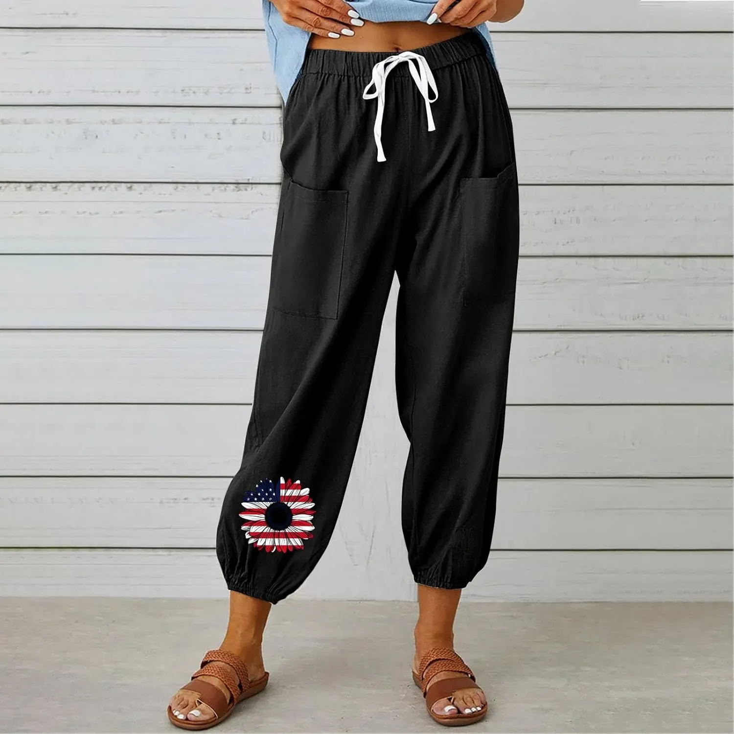 Women's Fashion Casual Linen Pants - Independence Day Print High Waist Drawstring Tapered Ankle Trousers with Pockets