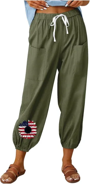 Women's Fashion Casual Linen Pants - Independence Day Print High Waist Drawstring Tapered Ankle Trousers with Pockets