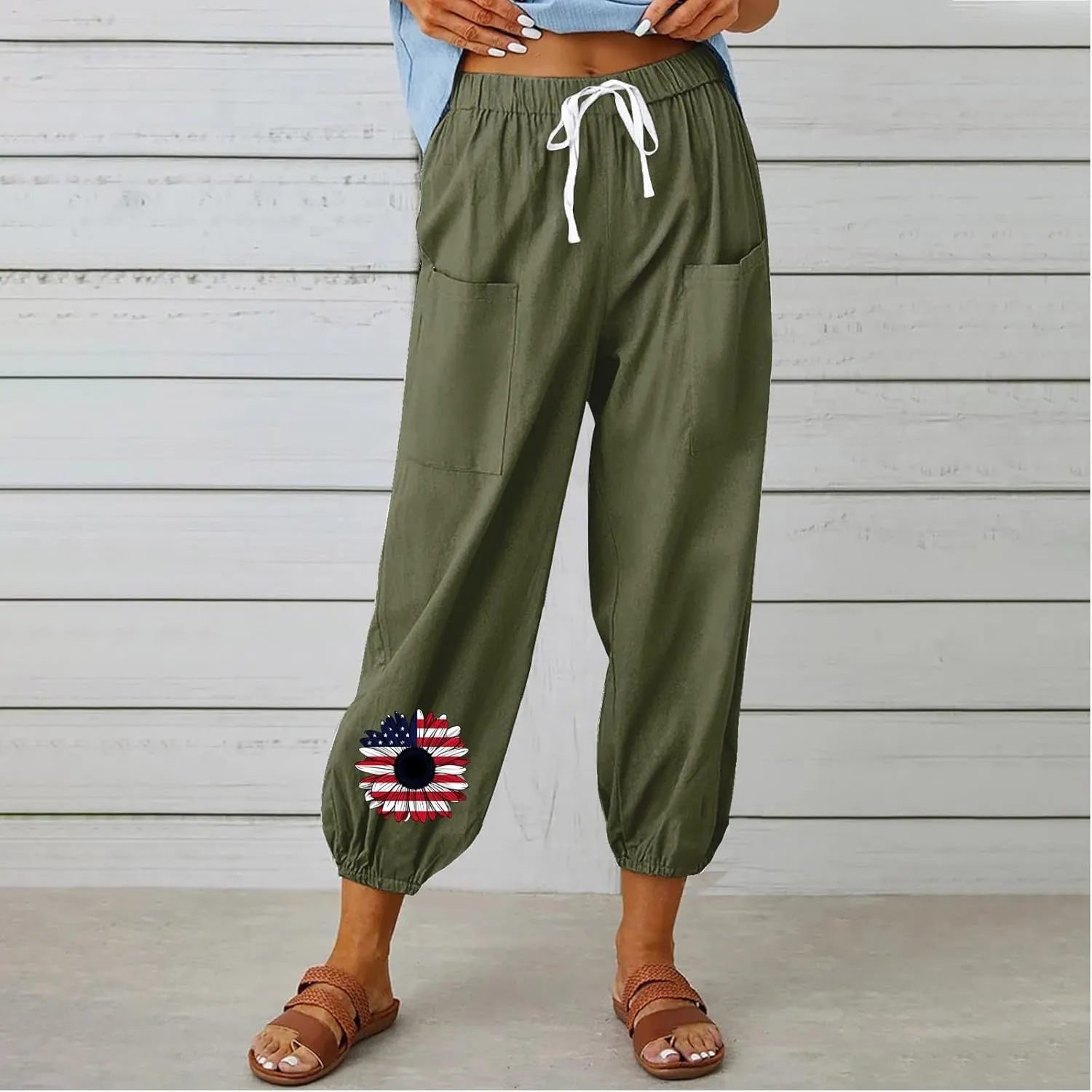 Women's Fashion Casual Linen Pants - Independence Day Print High Waist Drawstring Tapered Ankle Trousers with Pockets