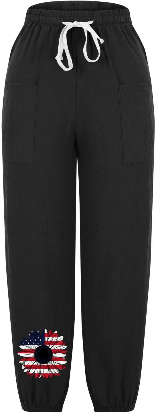 Women's Fashion Casual Linen Pants - Independence Day Print High Waist Drawstring Tapered Ankle Trousers with Pockets