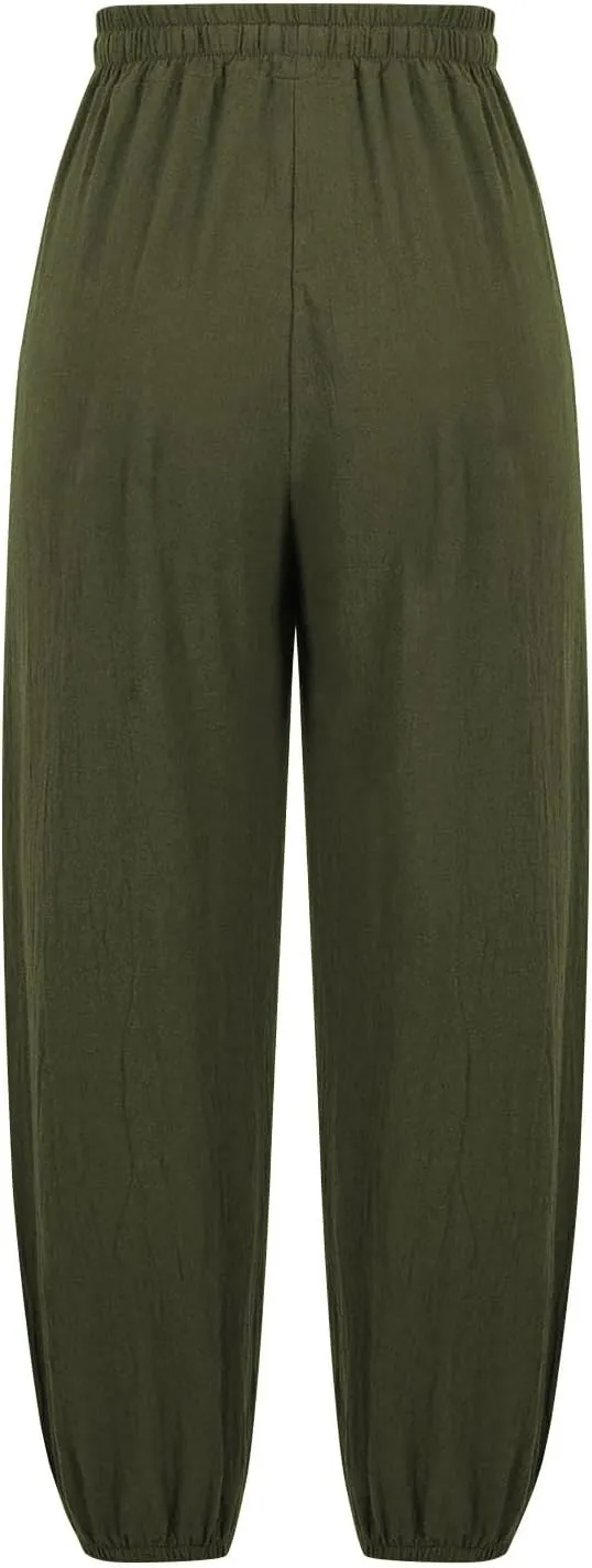 Women's Fashion Casual Linen Pants - Independence Day Print High Waist Drawstring Tapered Ankle Trousers with Pockets