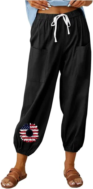 Women's Fashion Casual Linen Pants - Independence Day Print High Waist Drawstring Tapered Ankle Trousers with Pockets