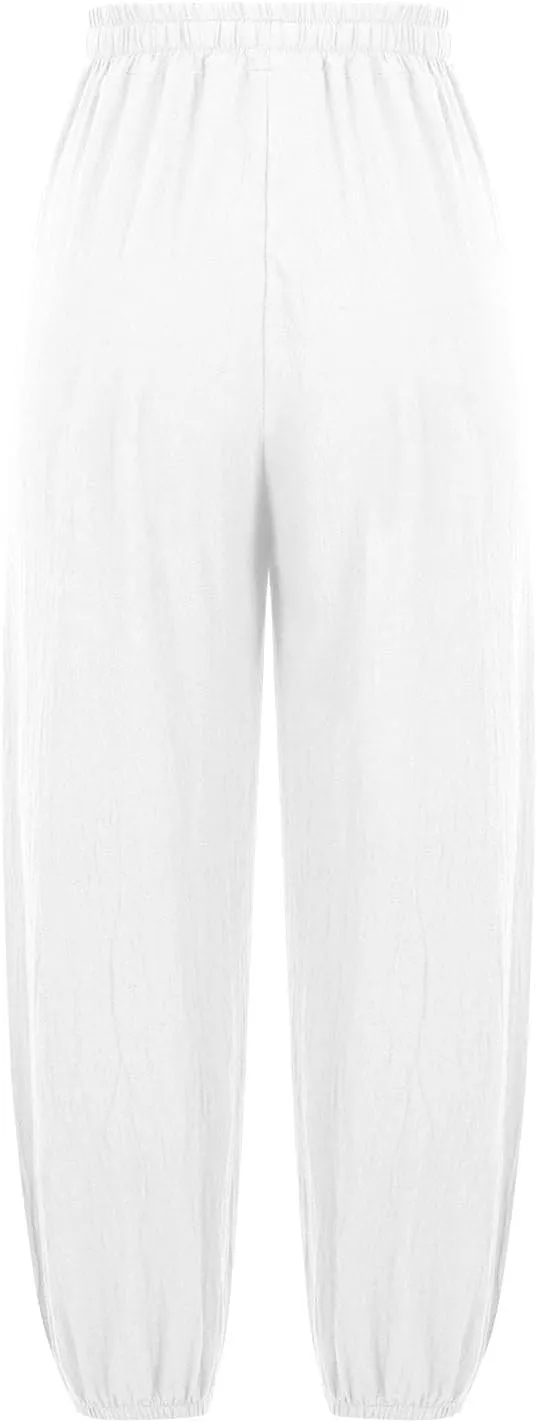 Women's Fashion Casual Linen Pants - Independence Day Print High Waist Drawstring Tapered Ankle Trousers with Pockets