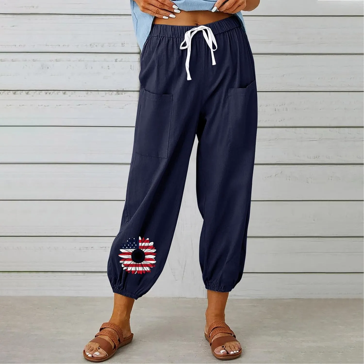 Women's Fashion Casual Linen Pants - Independence Day Print High Waist Drawstring Tapered Ankle Trousers with Pockets