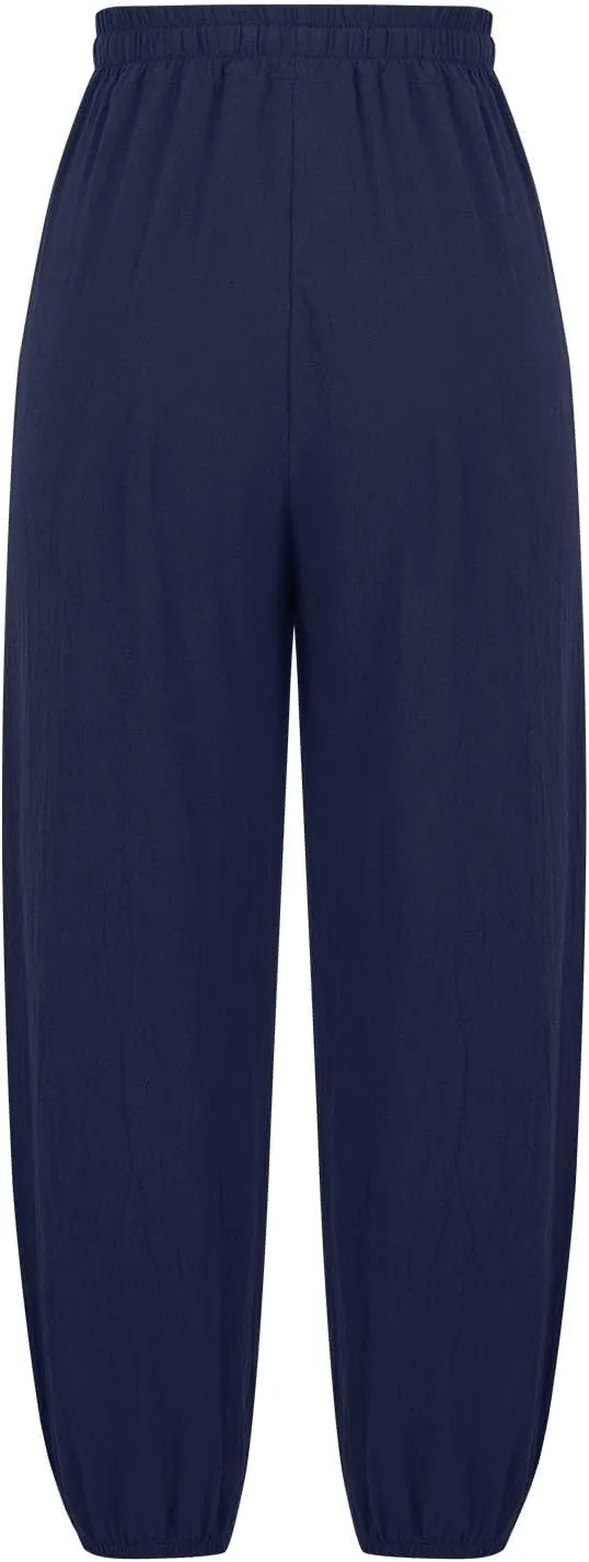 Women's Fashion Casual Linen Pants - Independence Day Print High Waist Drawstring Tapered Ankle Trousers with Pockets