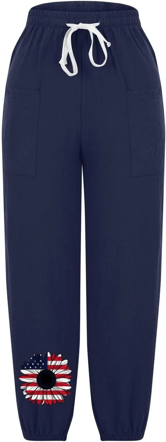 Women's Fashion Casual Linen Pants - Independence Day Print High Waist Drawstring Tapered Ankle Trousers with Pockets