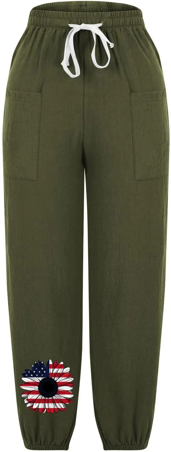 Women's Fashion Casual Linen Pants - Independence Day Print High Waist Drawstring Tapered Ankle Trousers with Pockets