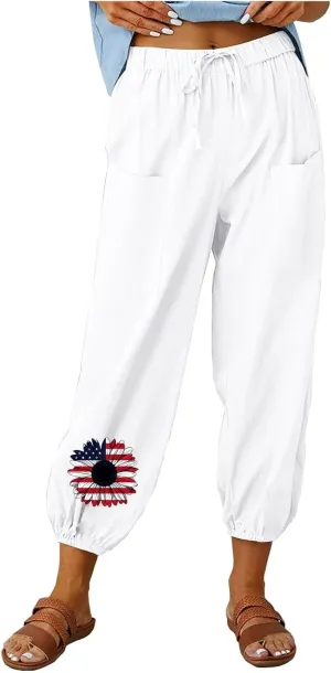 Women's Fashion Casual Linen Pants - Independence Day Print High Waist Drawstring Tapered Ankle Trousers with Pockets