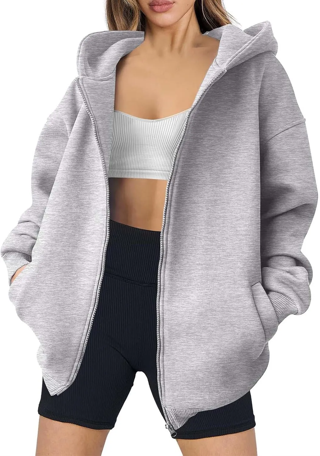Women's Full Zip Up Sweatshirt Oversized Hooded Jacket Trendy Fleece Lined Hoodies Lightweight Gym Coats with Pockets